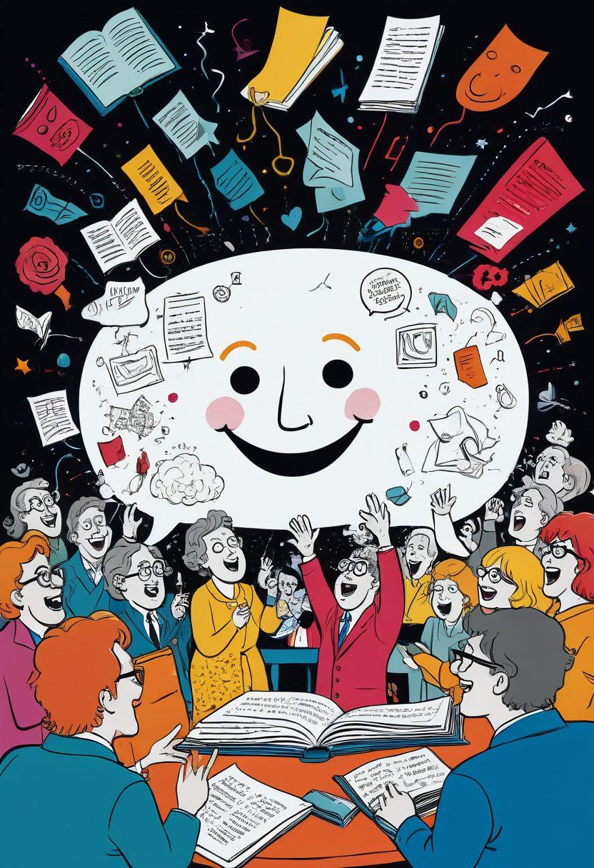 A whimsical scene of a storyteller on a colorful stage, surrounded by laughing audience members, with exaggerated facial expressions and props like oversized comedy masks and books. Floating speech bubbles filled with humorous doodles and satirical phrases hover around. Bright colors and playful elements create a feeling of joy and creativity. cartoonish style. vibrant colors.