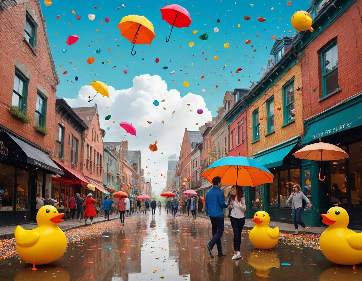 A whimsical collage featuring surreal elements like a laughing cloud raining colorful confetti over a cityscape with quirky buildings. Characters in exaggerated poses expressing joy and surprise, interacting with whimsical objects like floating umbrellas and giant rubber ducks. The scene radiates an atmosphere of playful absurdity, inviting the viewer to reflect on the humor in everyday life. vibrant colors. illustration.