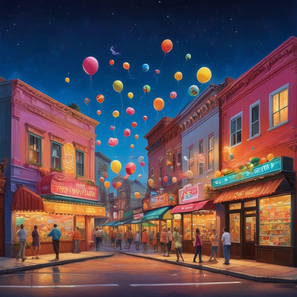 A whimsical landscape filled with colorful characters representing various comedic styles, such as stand-up, slapstick, and satire, engaged in humorous activities. Brightly painted buildings in the background showcase famous comedy venues, while vibrant speech bubbles filled with funny quotes float in the sky. The scene is brimming with playful energy and laughter. painting. vibrant colors. whimsical style.